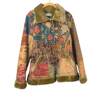 GQ Womens XL Patchwork Faux Suede Fur Trim Jacket Floral Leopard Print Boho Coat